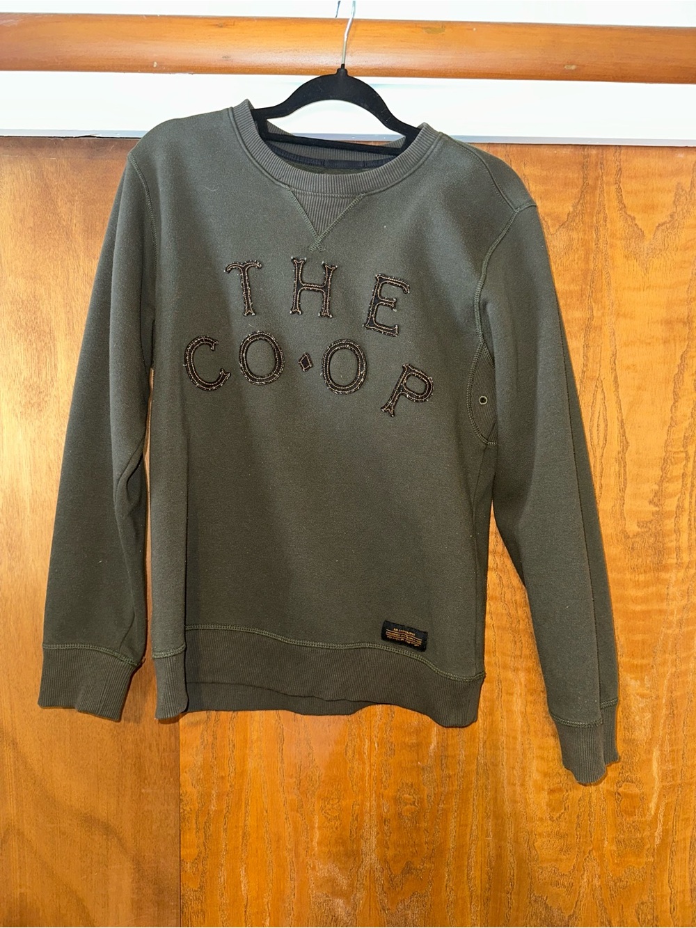 REI Olive Green Men's Crewneck Sweatshirt with Embroidered "THE CO•OP"